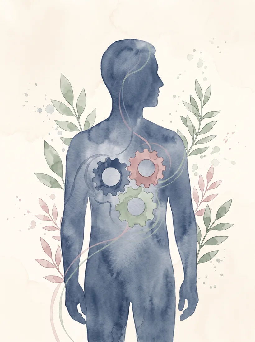 Aquarelle : une silhouette bleue dont la poitrine abrite trois engrenages, bleu, rose et vert, qui tournent ensemble