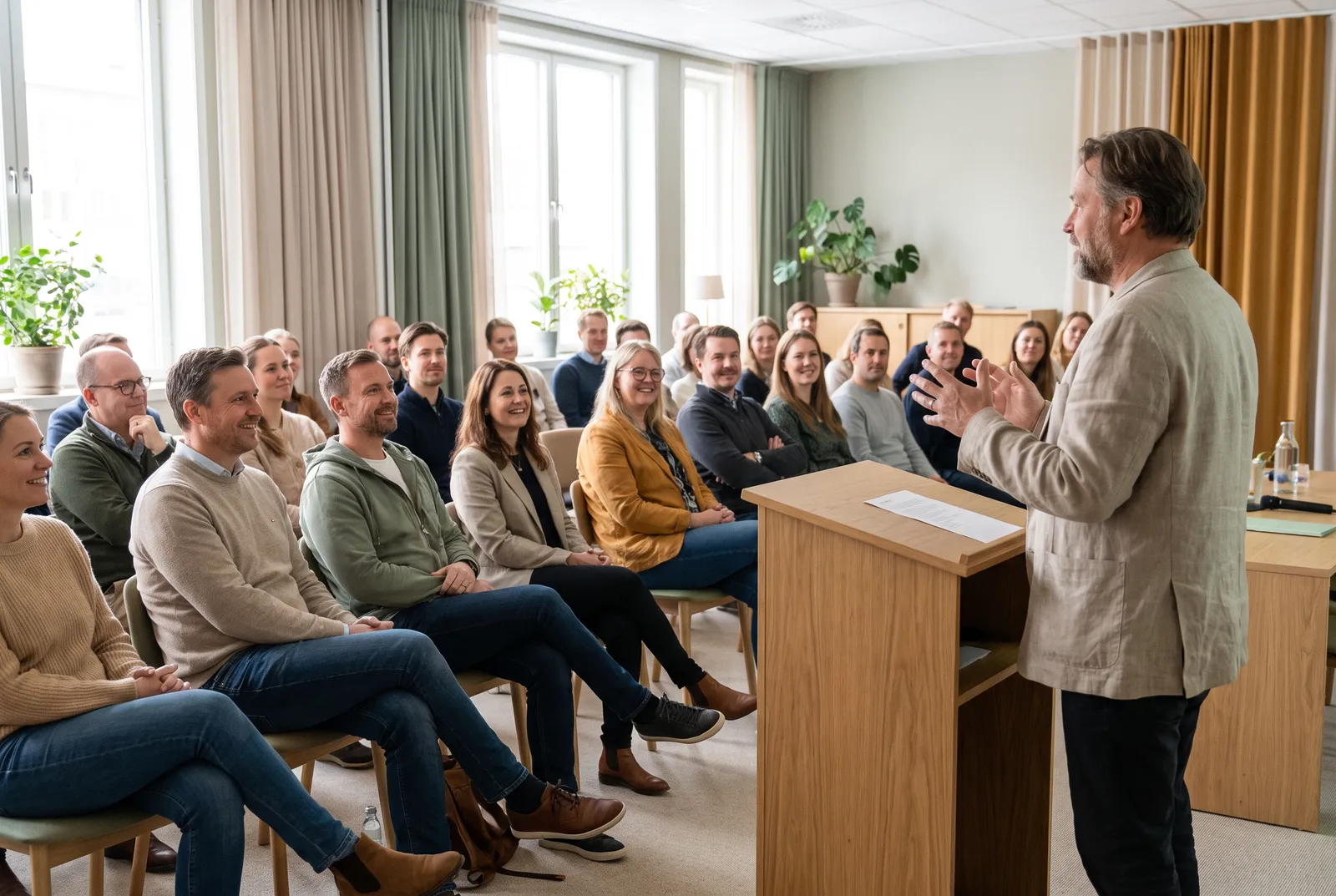 Une conférencière s'adresse à une vingtaine de personnes assises dans une salle lumineuse