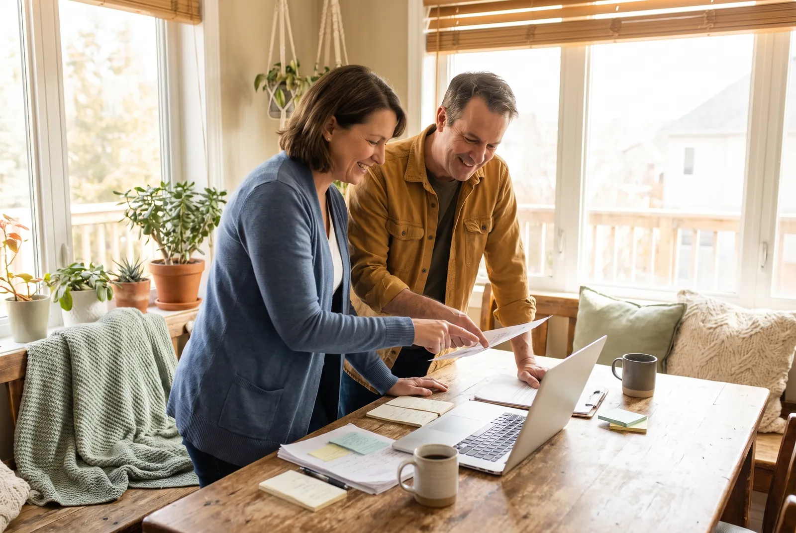 Deux formateurs préparent un cours ensemble, ordinateur et notes imprimées sur la table