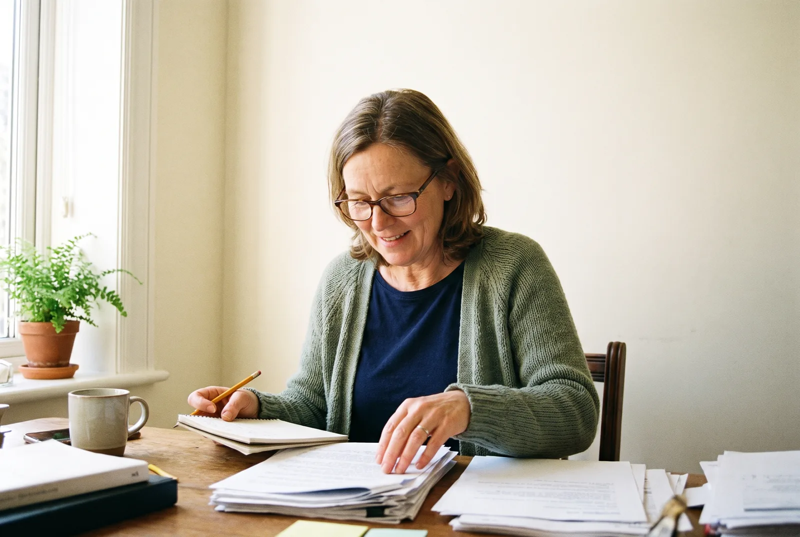 Une enseignante annote un plan de cours pendant l'analyse d'un dossier de reconnaissance des acquis
