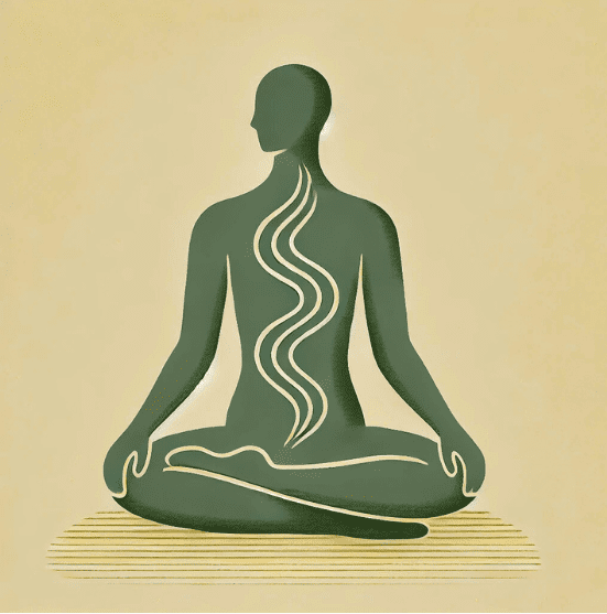 Silhouette en méditation avec une énergie ondulante le long de la colonne vertébrale, représentant la psyché et la circulation intérieure.