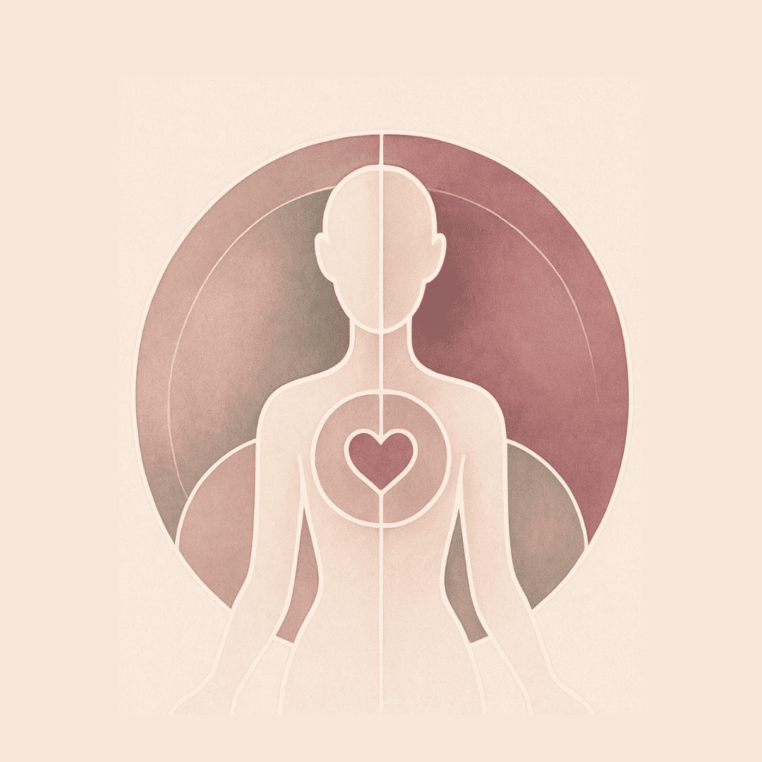 Silhouette humaine stylisée avec un cœur dessiné au centre, symbolisant l’écoute de soi et l’équilibre intérieur.